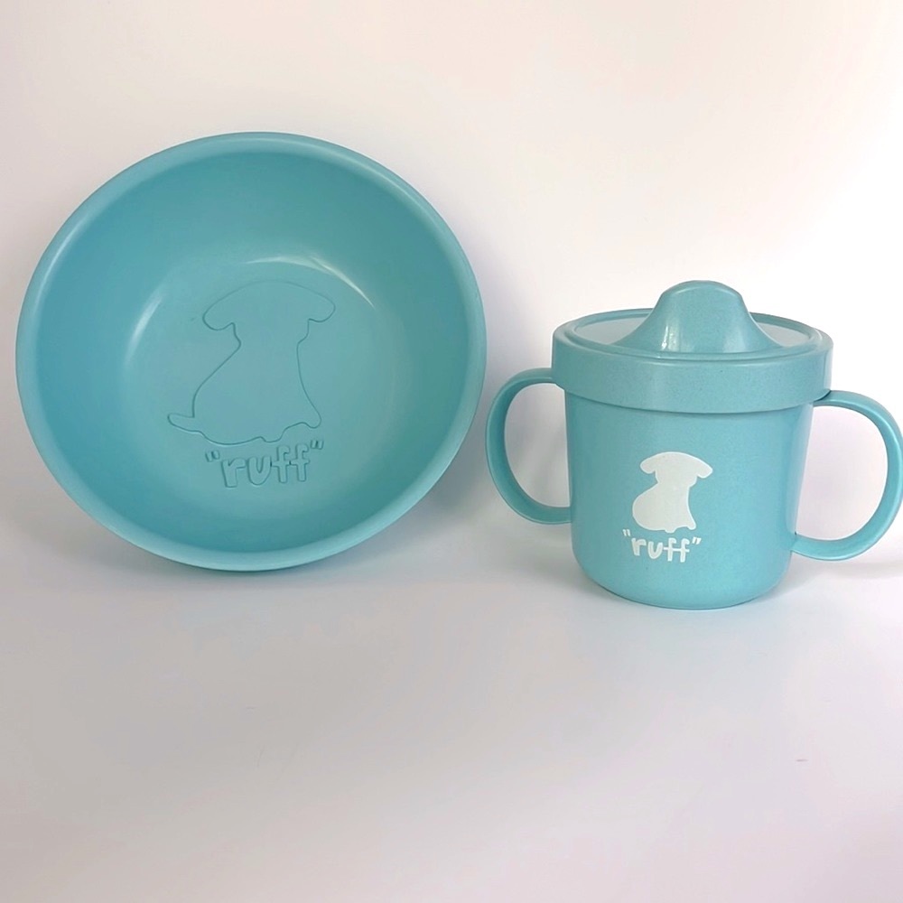 NEW Pottery Barn 2 Pc Eco-Friendly Bamboo Toddler Bowl & Sippy Cup Set Blue Dog